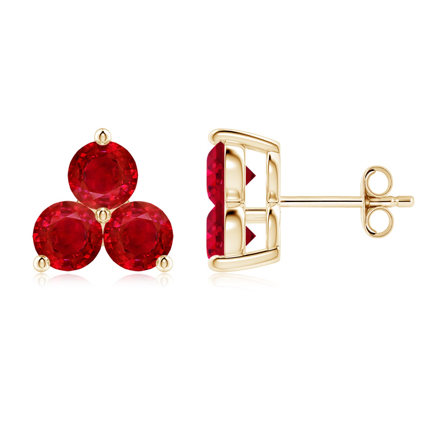 4.5mm AAA Round Ruby Three Stone Stud Earrings in Yellow Gold