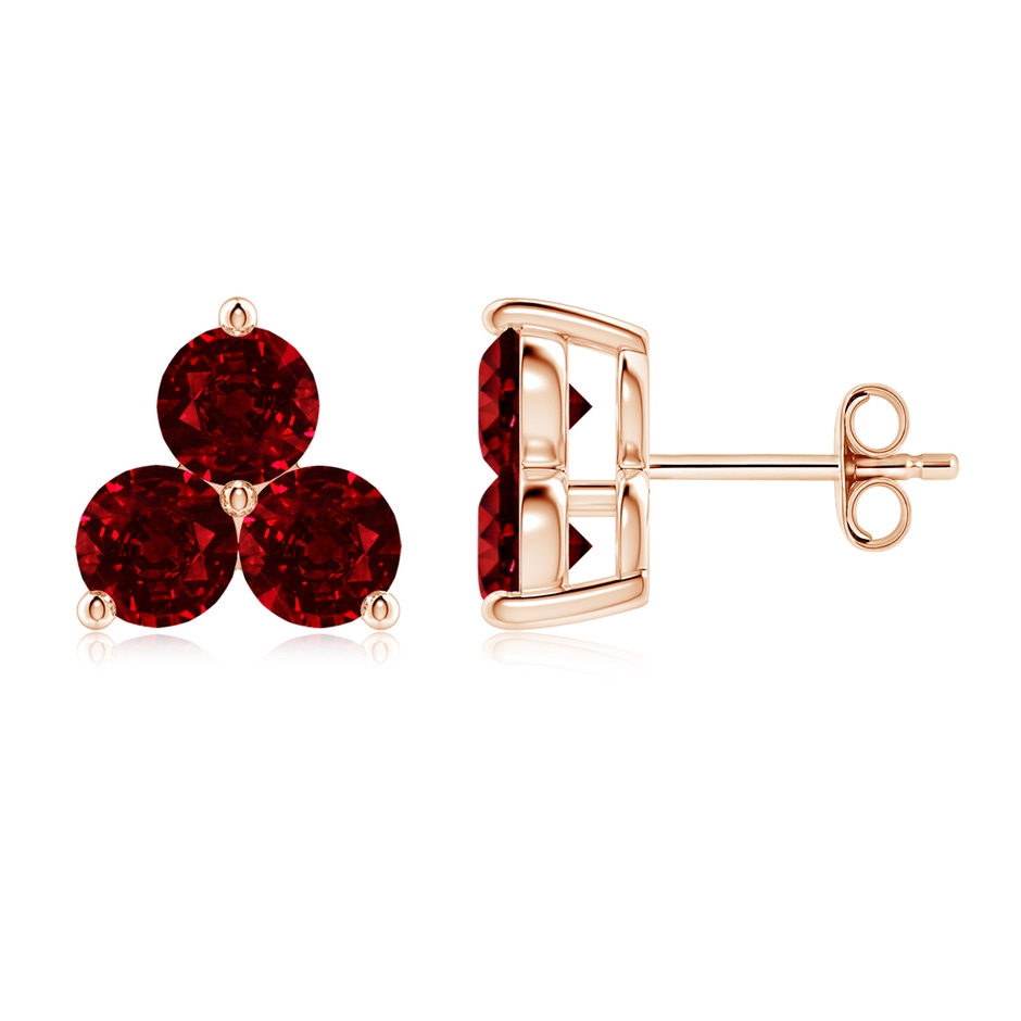4.5mm AAAA Round Ruby Three Stone Stud Earrings in Rose Gold 