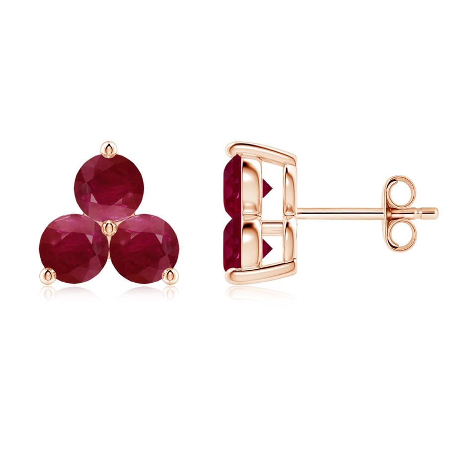 4mm A Round Ruby Three Stone Stud Earrings in Rose Gold 