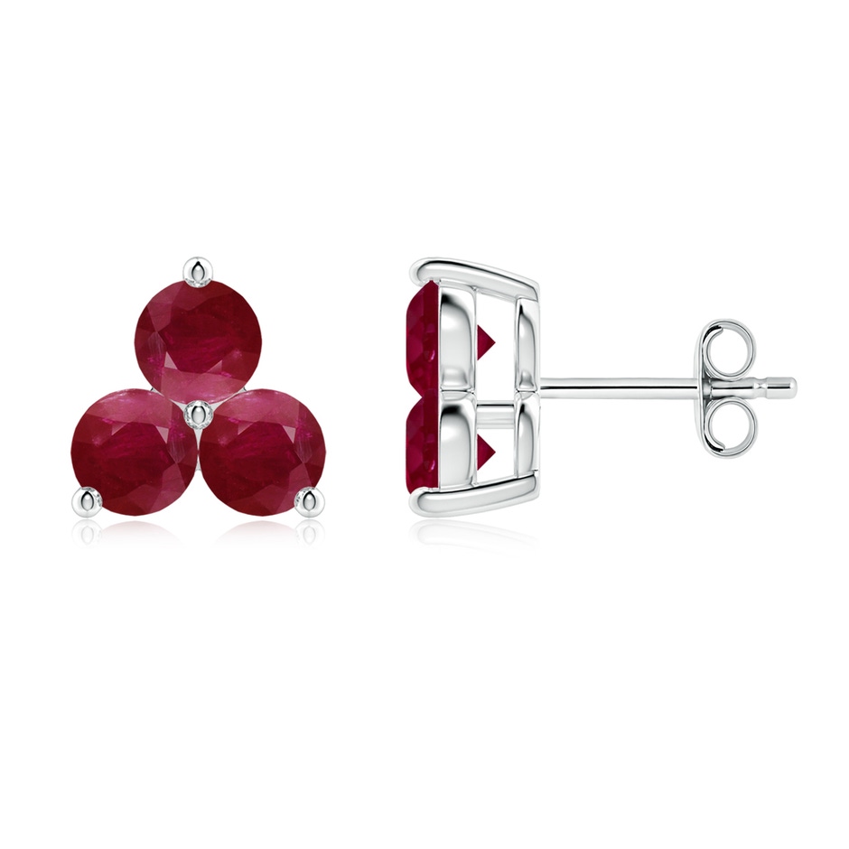 4mm A Round Ruby Three Stone Stud Earrings in White Gold 