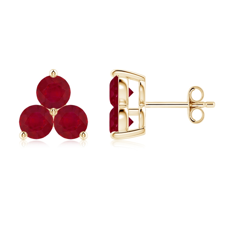 4mm AA Round Ruby Three Stone Stud Earrings in 18K Yellow Gold 