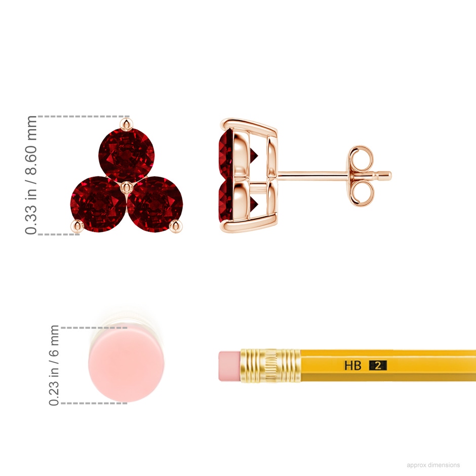 4mm AAAA Round Ruby Three Stone Stud Earrings in Rose Gold ruler