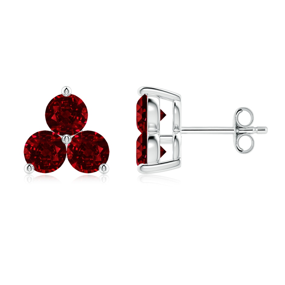 4mm AAAA Round Ruby Three Stone Stud Earrings in White Gold 