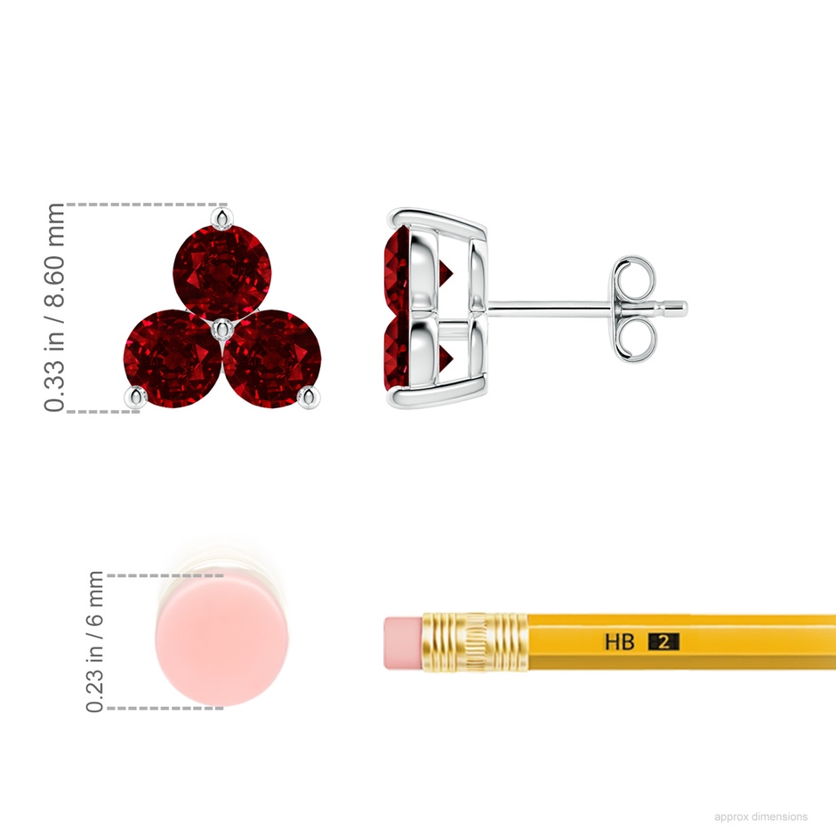 4mm AAAA Round Ruby Three Stone Stud Earrings in White Gold ruler