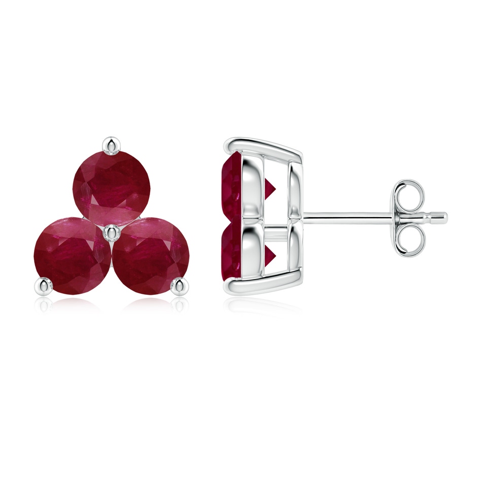5mm A Round Ruby Three Stone Stud Earrings in 18K White Gold 