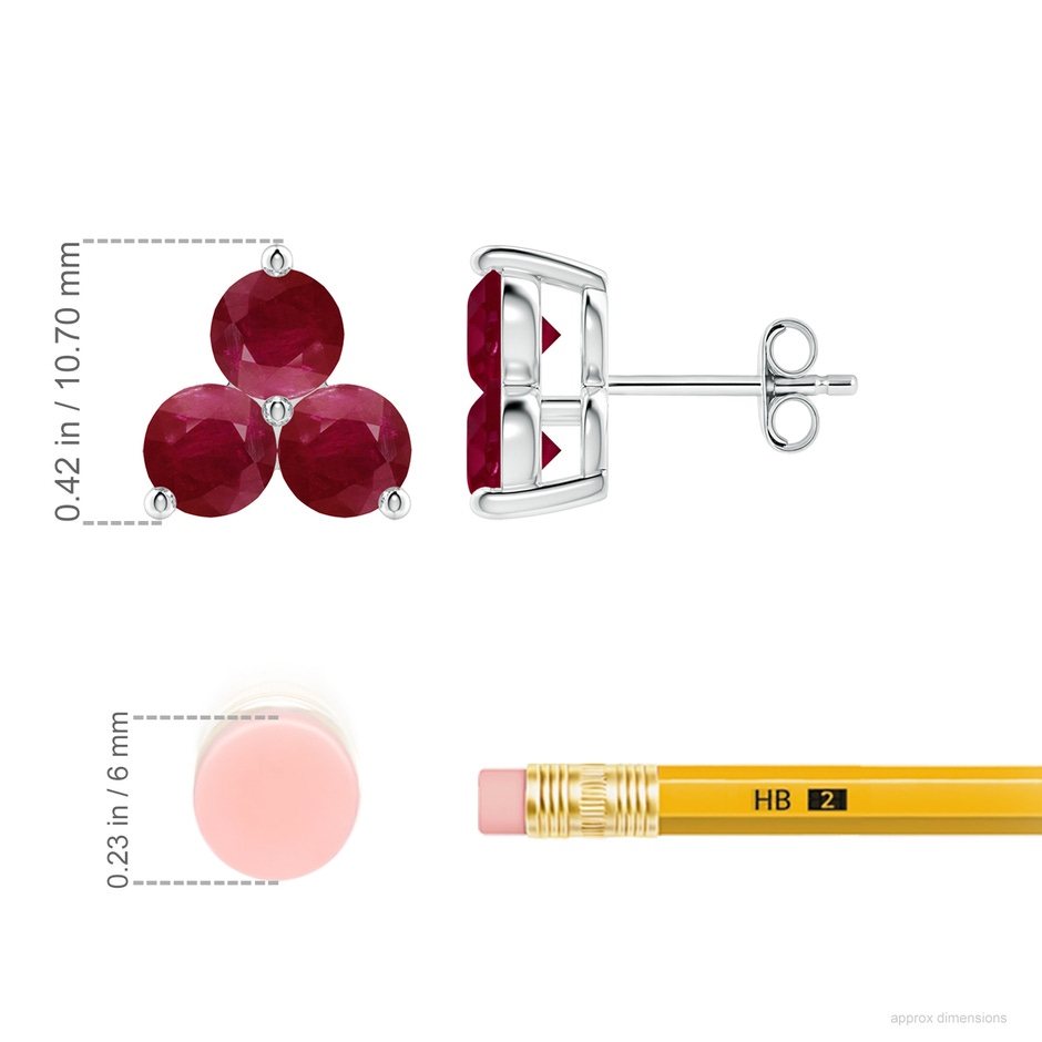 5mm A Round Ruby Three Stone Stud Earrings in 18K White Gold ruler