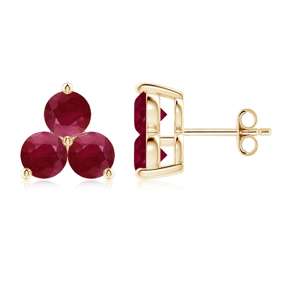 5mm A Round Ruby Three Stone Stud Earrings in Yellow Gold 