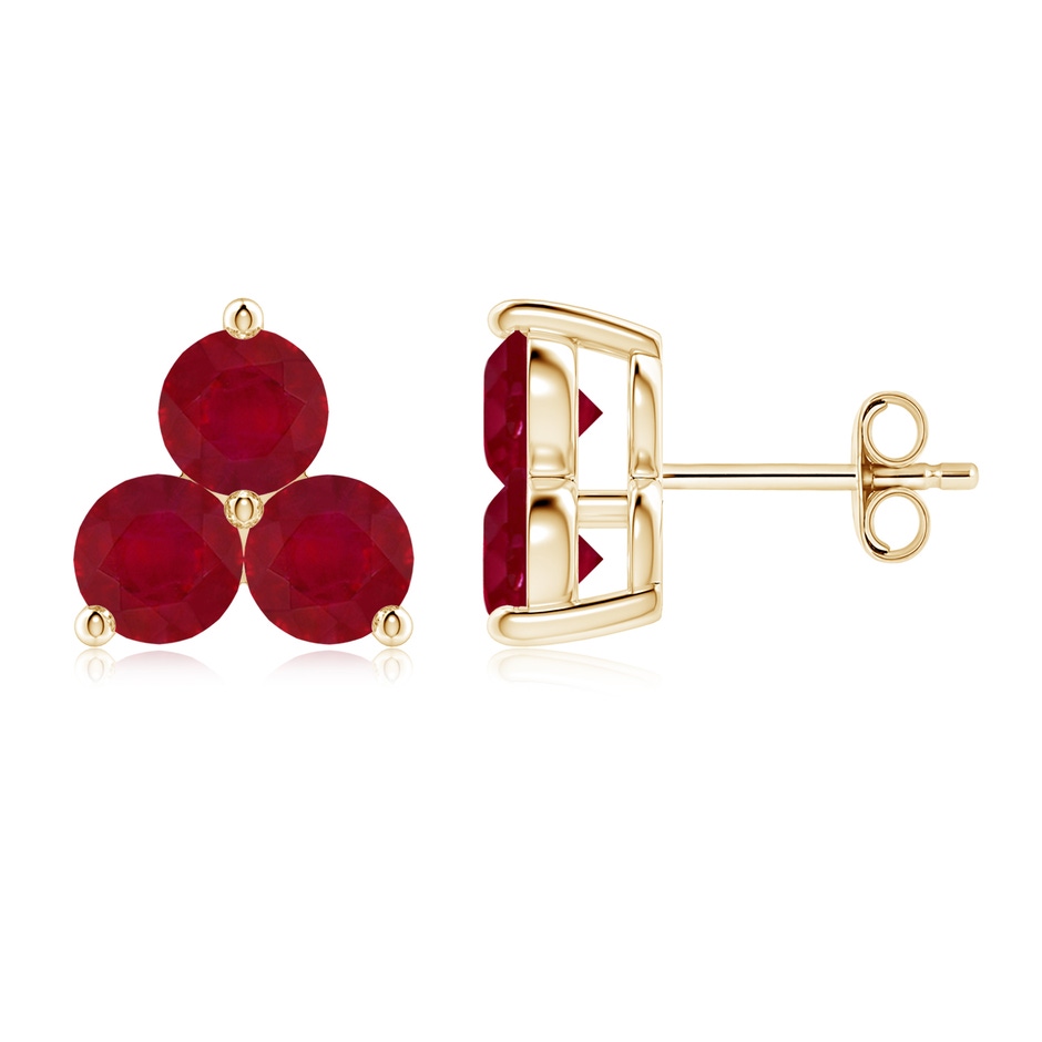 5mm AA Round Ruby Three Stone Stud Earrings in Yellow Gold 