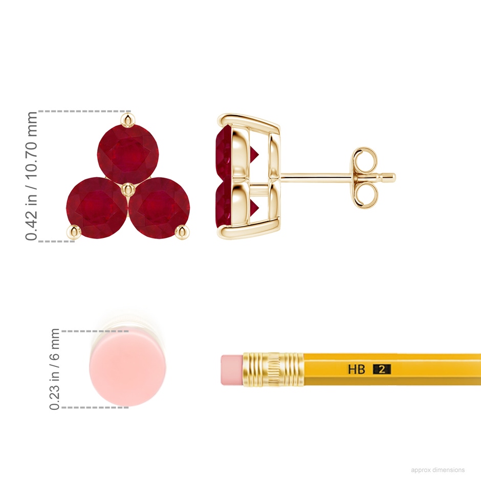 5mm AA Round Ruby Three Stone Stud Earrings in Yellow Gold ruler