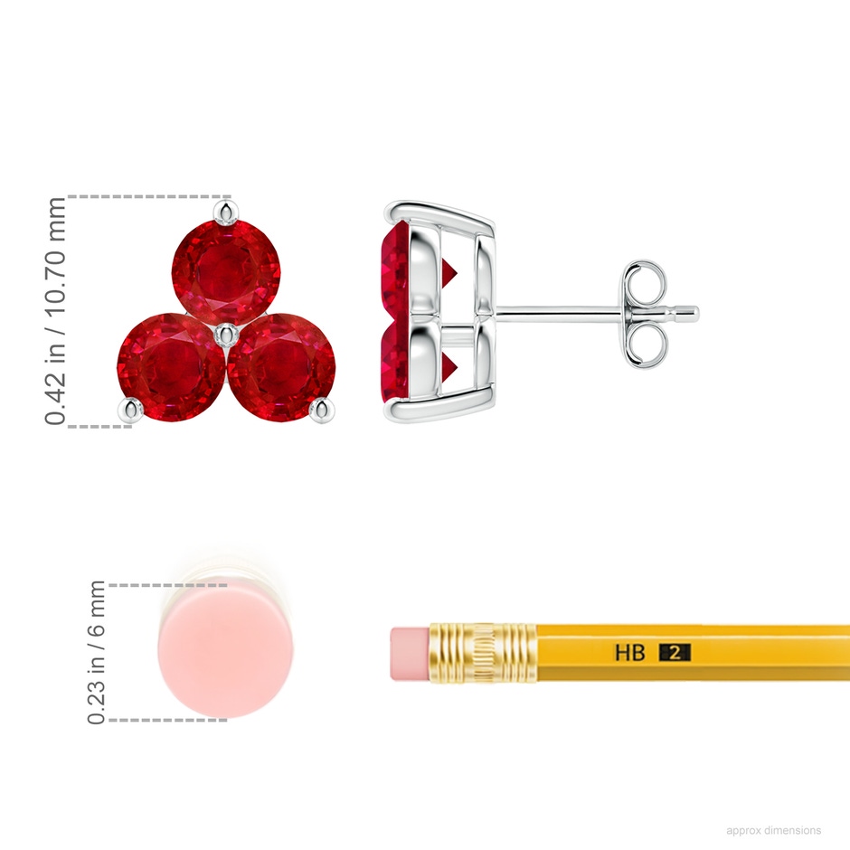 5mm AAA Round Ruby Three Stone Stud Earrings in P950 Platinum ruler
