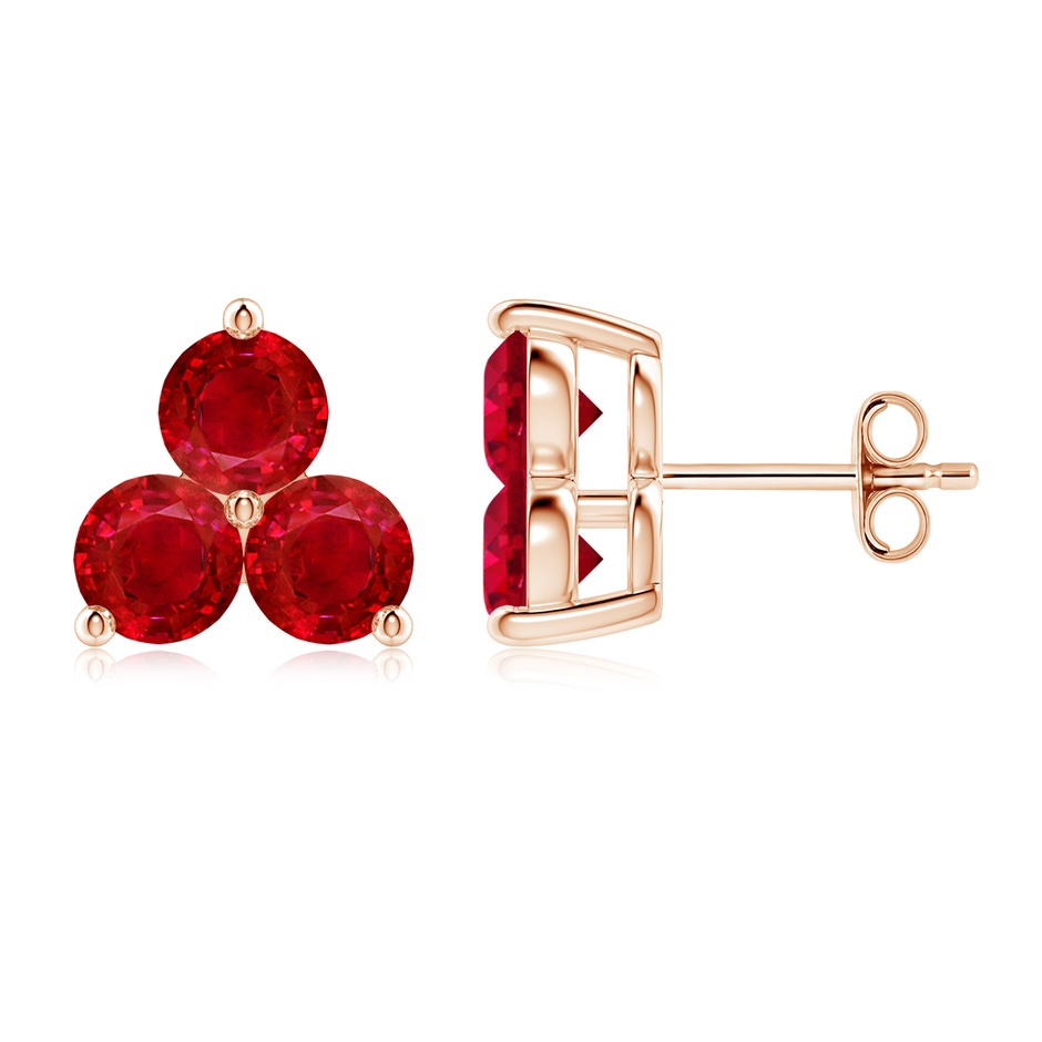 5mm AAA Round Ruby Three Stone Stud Earrings in Rose Gold 