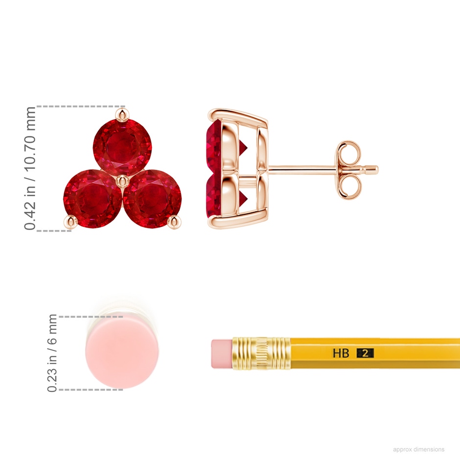 5mm AAA Round Ruby Three Stone Stud Earrings in Rose Gold ruler