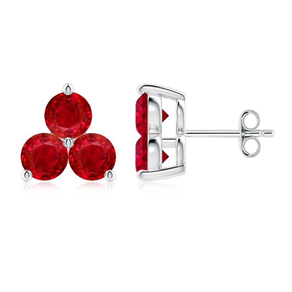 5mm AAA Round Ruby Three Stone Stud Earrings in White Gold 