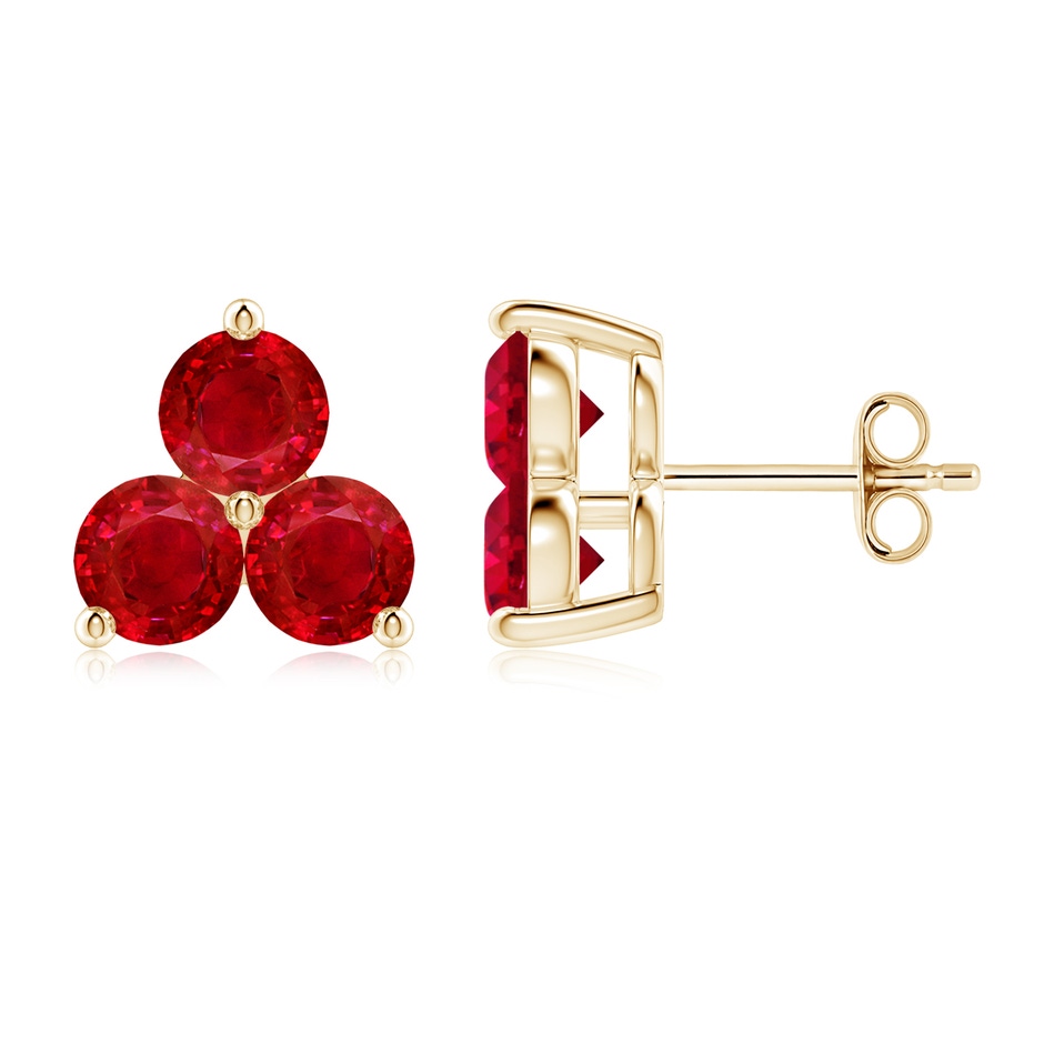 5mm AAA Round Ruby Three Stone Stud Earrings in Yellow Gold 