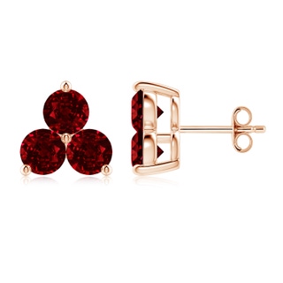 5mm AAAA Round Ruby Three Stone Stud Earrings in Rose Gold