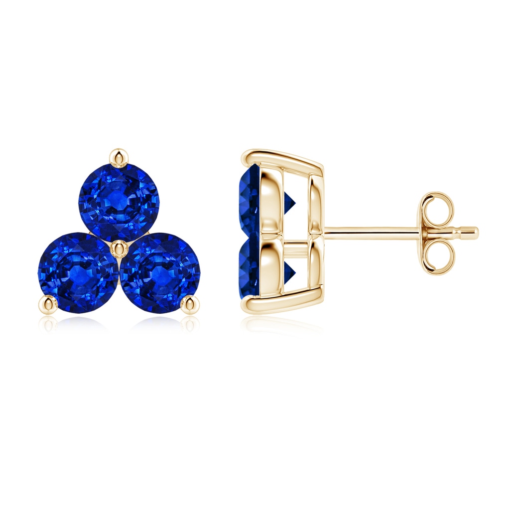 4.5mm Lab-Grown Round Blue Sapphire Three Stone Stud Earrings in Yellow Gold