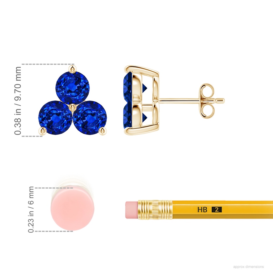 4.5mm Lab-Grown Round Blue Sapphire Three Stone Stud Earrings in Yellow Gold ruler