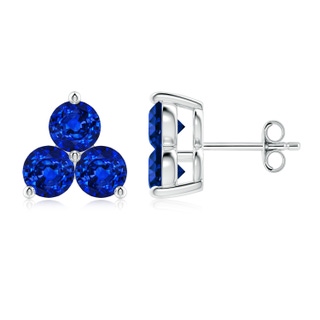 5mm Lab-Grown Round Blue Sapphire Three Stone Stud Earrings in White Gold