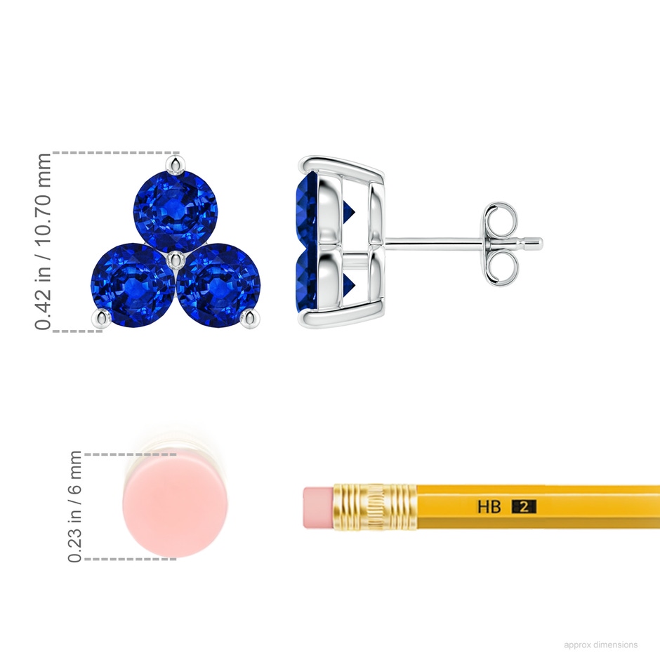 5mm Lab-Grown Round Blue Sapphire Three Stone Stud Earrings in White Gold ruler