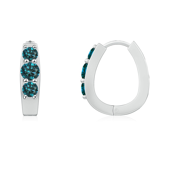 3.1mm AA Blue Diamond Three Stone Hoop Earrings in White Gold 