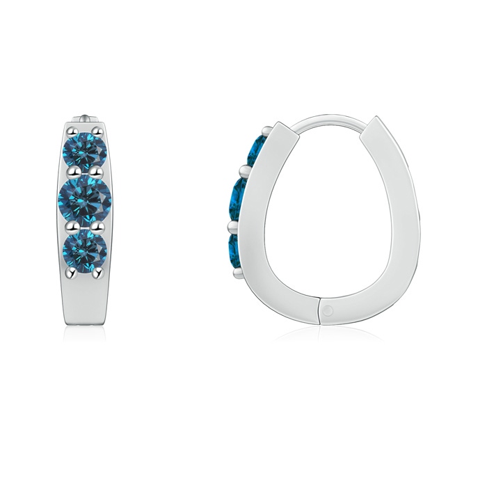 3.1mm AAA Blue Diamond Three Stone Hoop Earrings in White Gold 