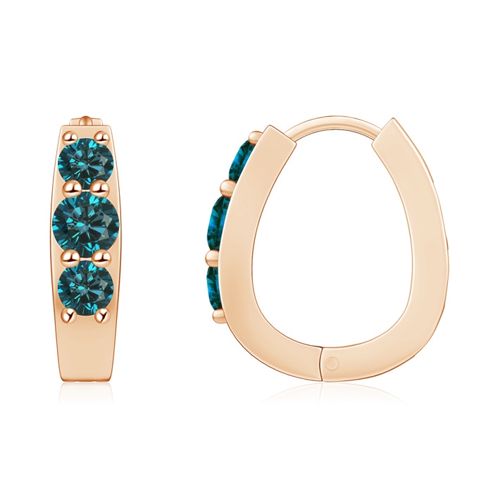 4mm AA Blue Diamond Three Stone Hoop Earrings in Rose Gold 