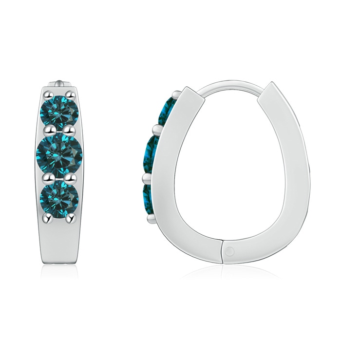 4mm AA Blue Diamond Three Stone Hoop Earrings in White Gold 