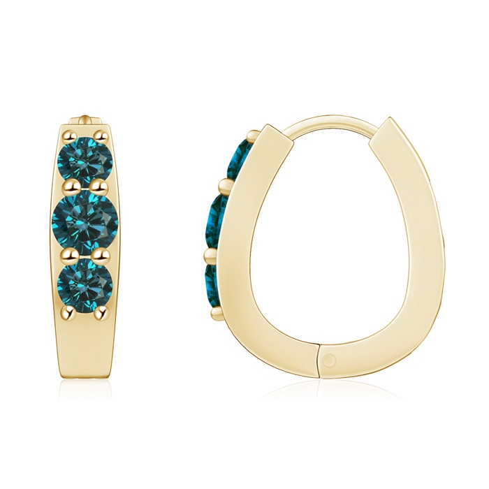 4mm AA Blue Diamond Three Stone Hoop Earrings in Yellow Gold 