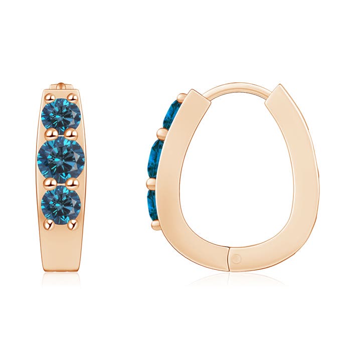 4mm AAA Blue Diamond Three Stone Hoop Earrings in Rose Gold