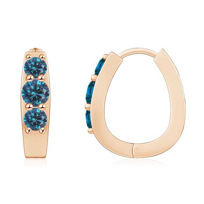 4mm AAA Blue Diamond Three Stone Hoop Earrings in Rose Gold 