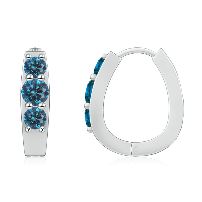 4mm AAA Blue Diamond Three Stone Hoop Earrings in White Gold 