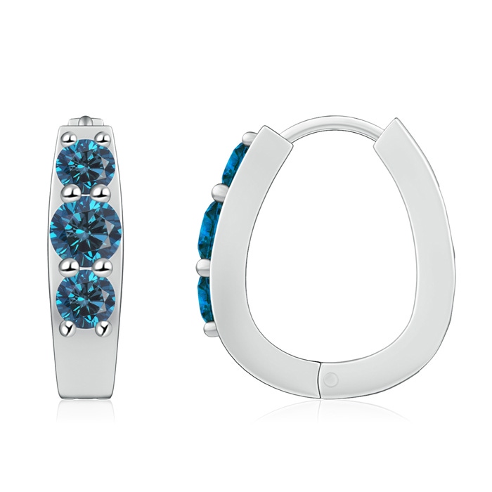 5.2mm AAA Blue Diamond Three Stone Hoop Earrings in P950 Platinum 