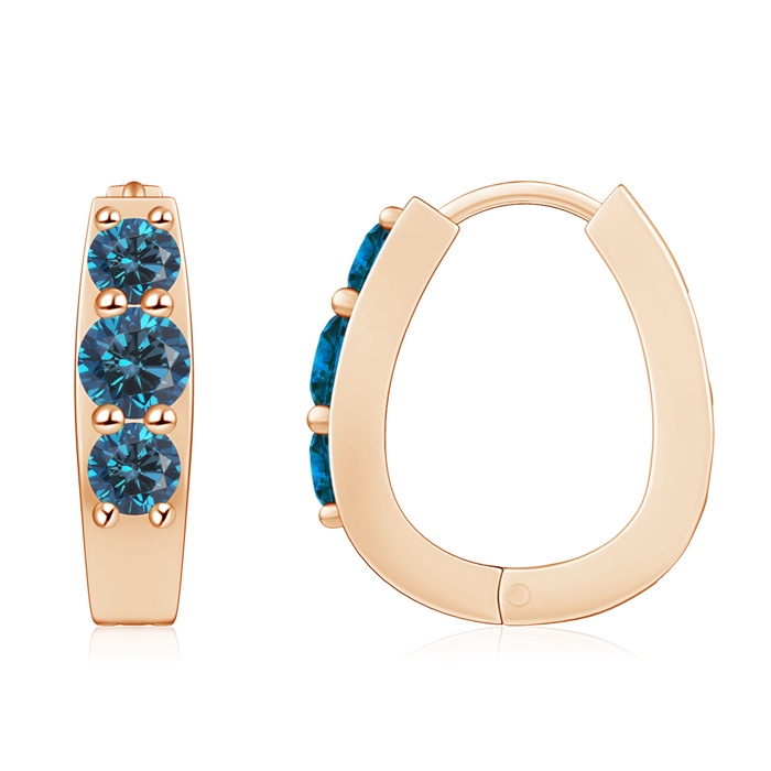 5.2mm AAA Blue Diamond Three Stone Hoop Earrings in Rose Gold 