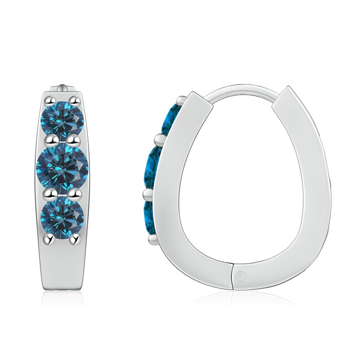 5.2mm AAA Blue Diamond Three Stone Hoop Earrings in White Gold 