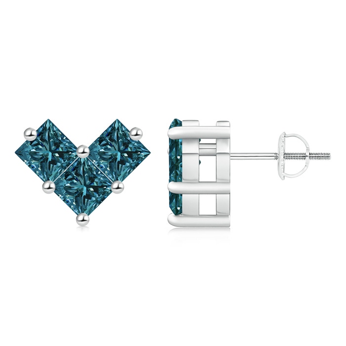 4.4mm AA V-Shaped Princess-Cut Blue Diamond Stud Earrings in P950 Platinum 