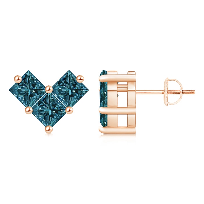 4.4mm AA V-Shaped Princess-Cut Blue Diamond Stud Earrings in Rose Gold 