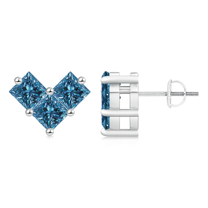 4.4mm AAA V-Shaped Princess-Cut Blue Diamond Stud Earrings in P950 Platinum 
