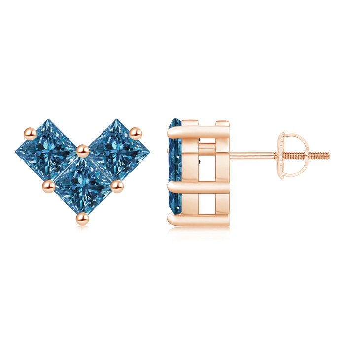 4.4mm AAA V-Shaped Princess-Cut Blue Diamond Stud Earrings in Rose Gold 