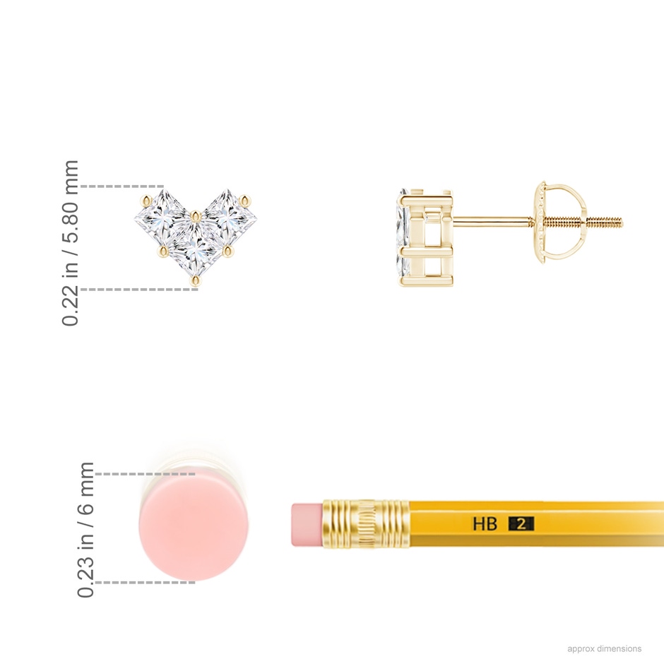 2.4mm GVS2 V-Shaped Princess-Cut Diamond Stud Earrings in Yellow Gold ruler