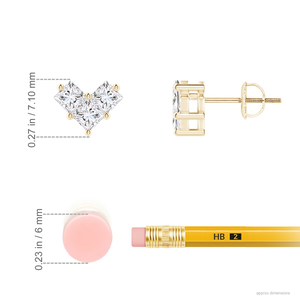 3.1mm GVS2 V-Shaped Princess-Cut Diamond Stud Earrings in Yellow Gold Ruler