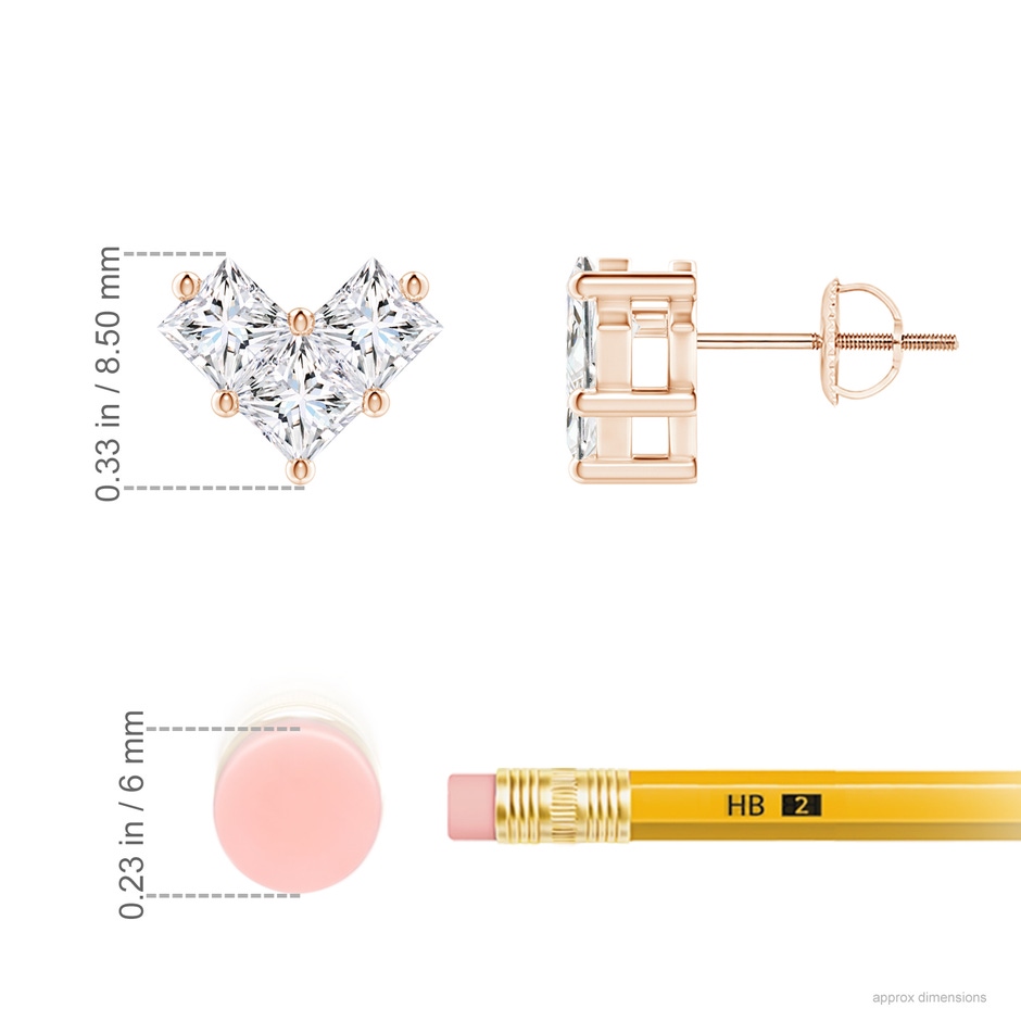 3.6mm GVS2 V-Shaped Princess-Cut Diamond Stud Earrings in Rose Gold ruler