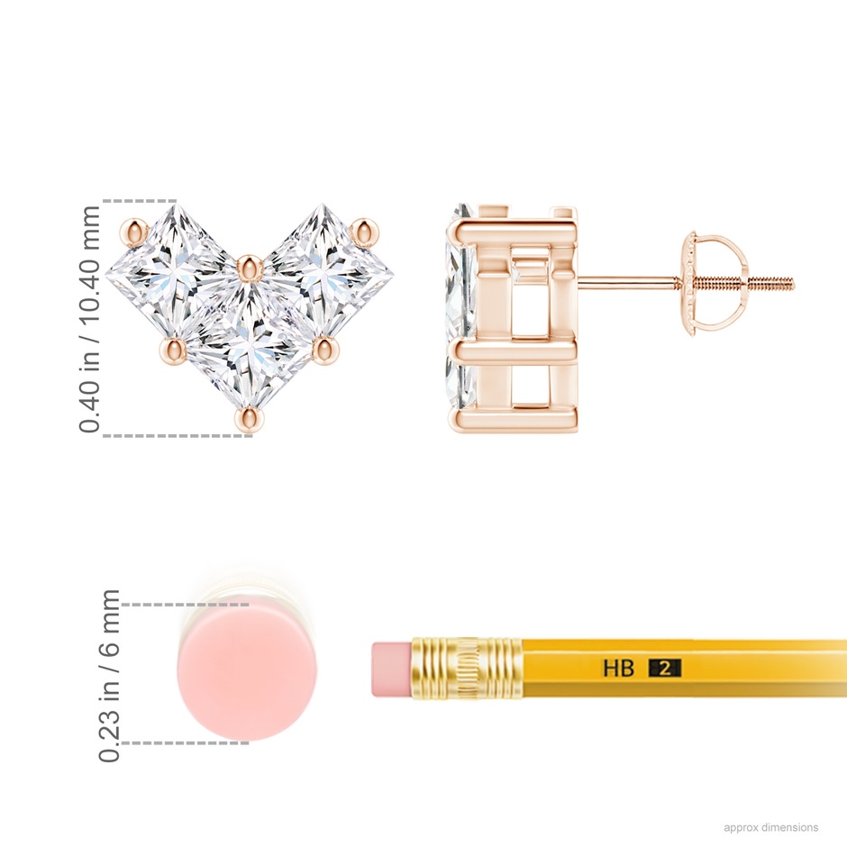 4.4mm GVS2 V-Shaped Princess-Cut Diamond Stud Earrings in Rose Gold ruler