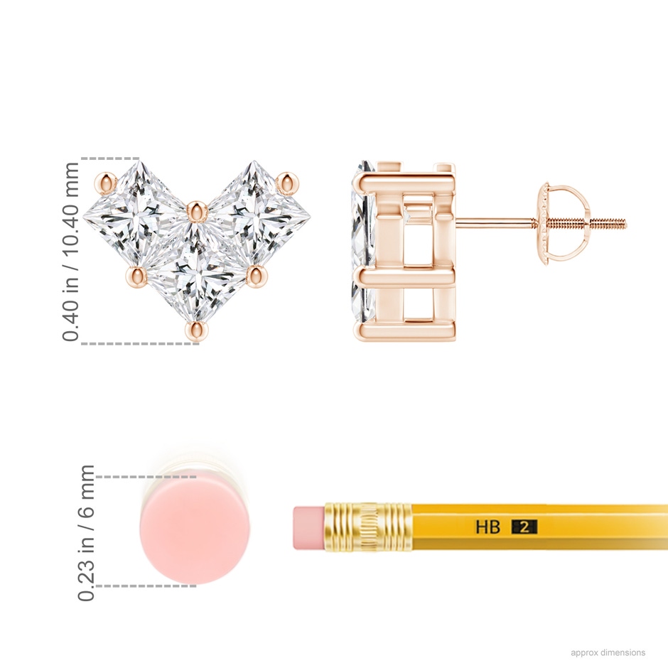 4.4mm HSI2 V-Shaped Princess-Cut Diamond Stud Earrings in Rose Gold ruler