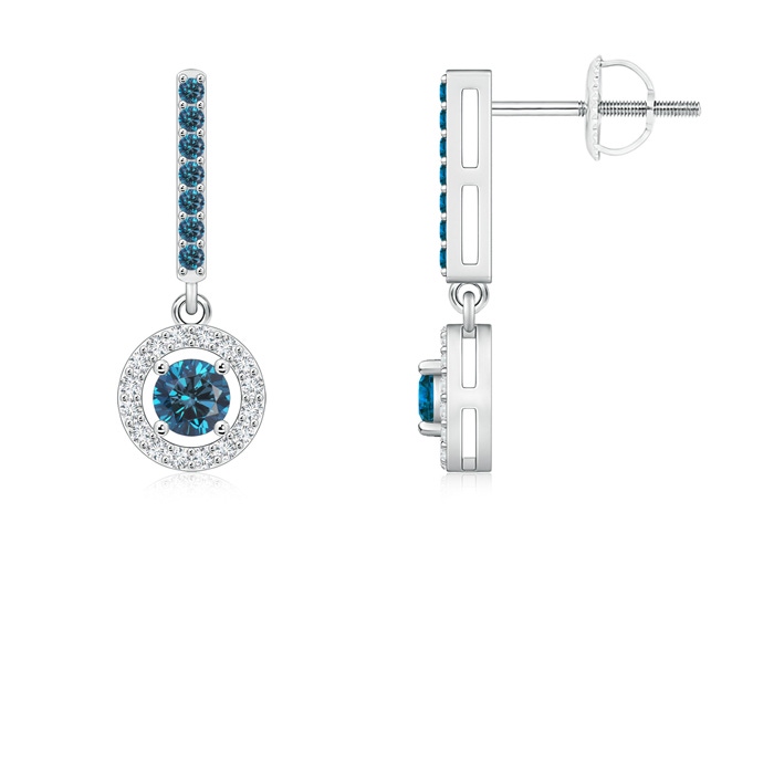 3.3mm AAA Floating Round Blue Diamond Halo Drop Earrings in P950 Platinum