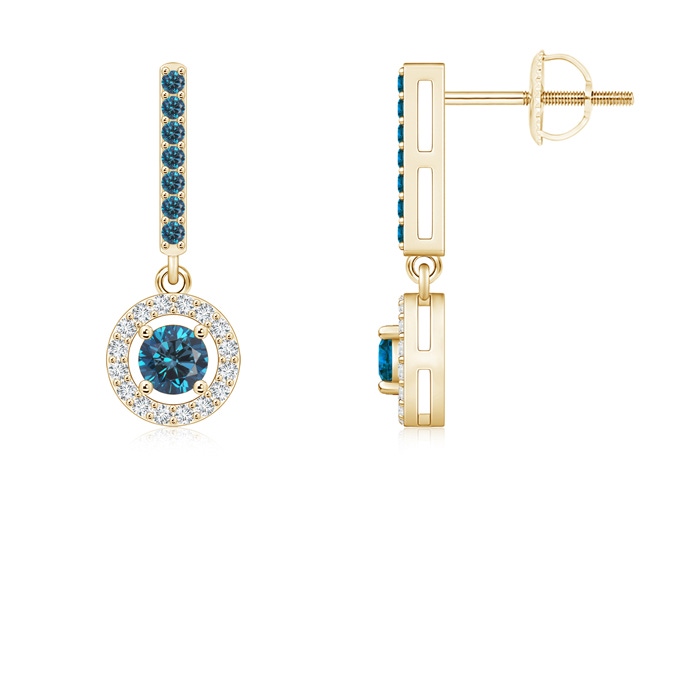 3.3mm AAA Floating Round Blue Diamond Halo Drop Earrings in Yellow Gold