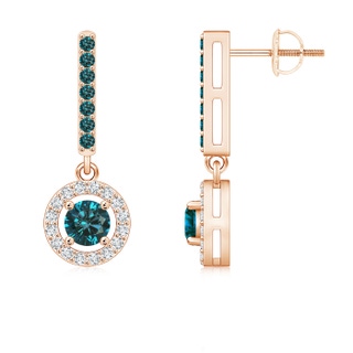 4.3mm AA Floating Round Blue Diamond Halo Drop Earrings in Rose Gold