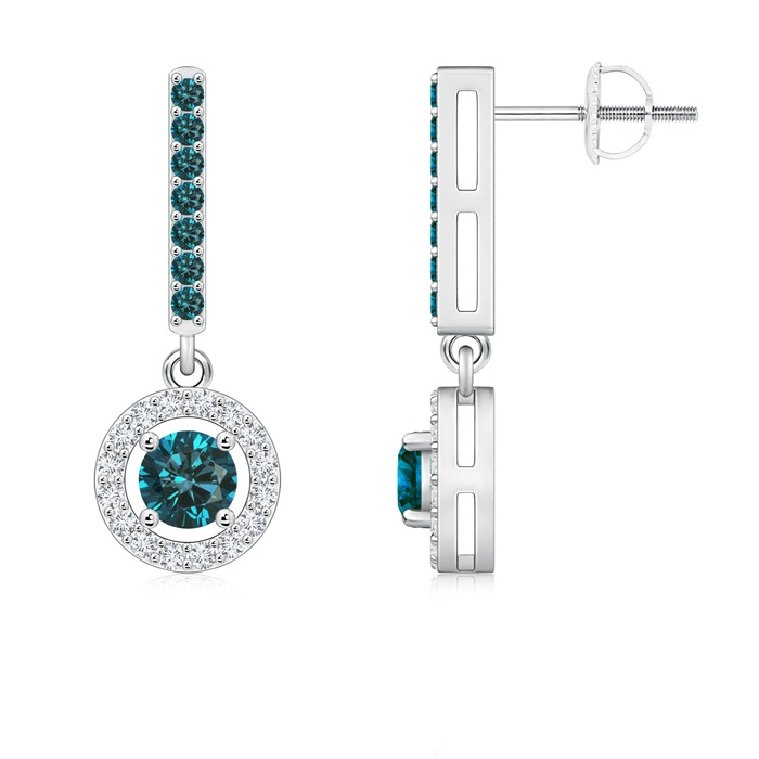 4.3mm AA Floating Round Blue Diamond Halo Drop Earrings in White Gold 
