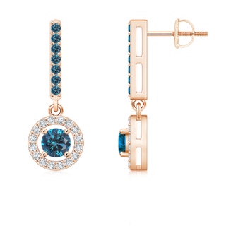 4.3mm AAA Floating Round Blue Diamond Halo Drop Earrings in Rose Gold