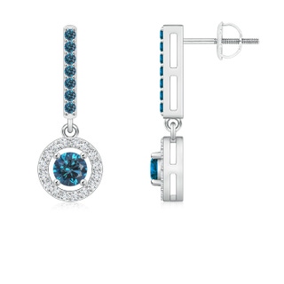 4mm AAA Floating Round Blue Diamond Halo Drop Earrings in White Gold