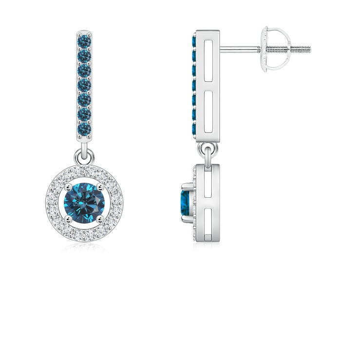 4mm AAA Floating Round Blue Diamond Halo Drop Earrings in White Gold 